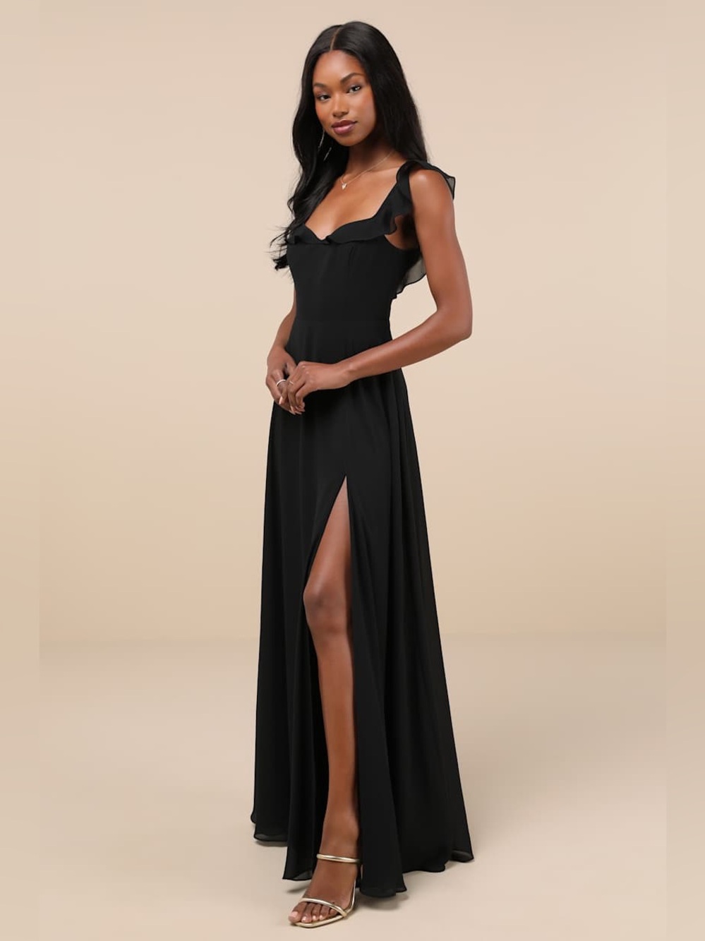 NWT Lulus Dreamy Admiration Black Ruffled Maxi Dress, Size Large